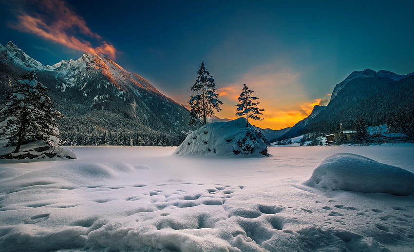 Lago Hintersee en invierno, invierno, parque nacional, nieve, hermoso, lago, puesta de sol, montaña fondo de pantalla
