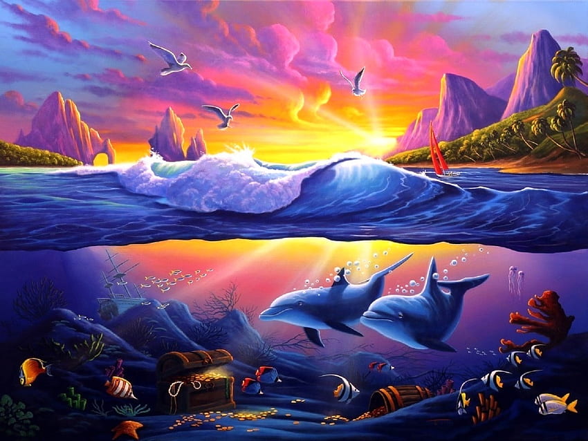 Tesoro sottomarino, tesori, pesci, oceani, attrazioni nei sogni, paradiso, vita marina, dipinti, amore quattro stagioni, animali, delfini, sott'acqua, natura Sfondo HD