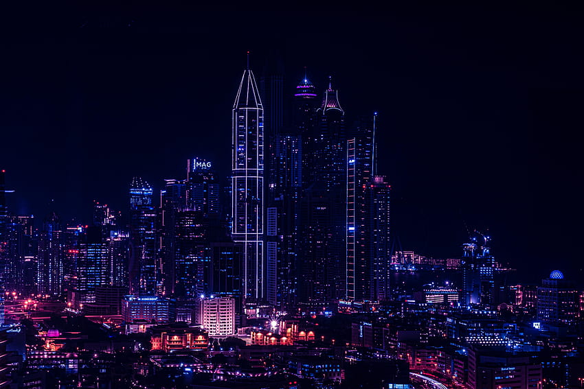 Ciudad, noche, luces de edificios, paisaje urbano. fondo de pantalla