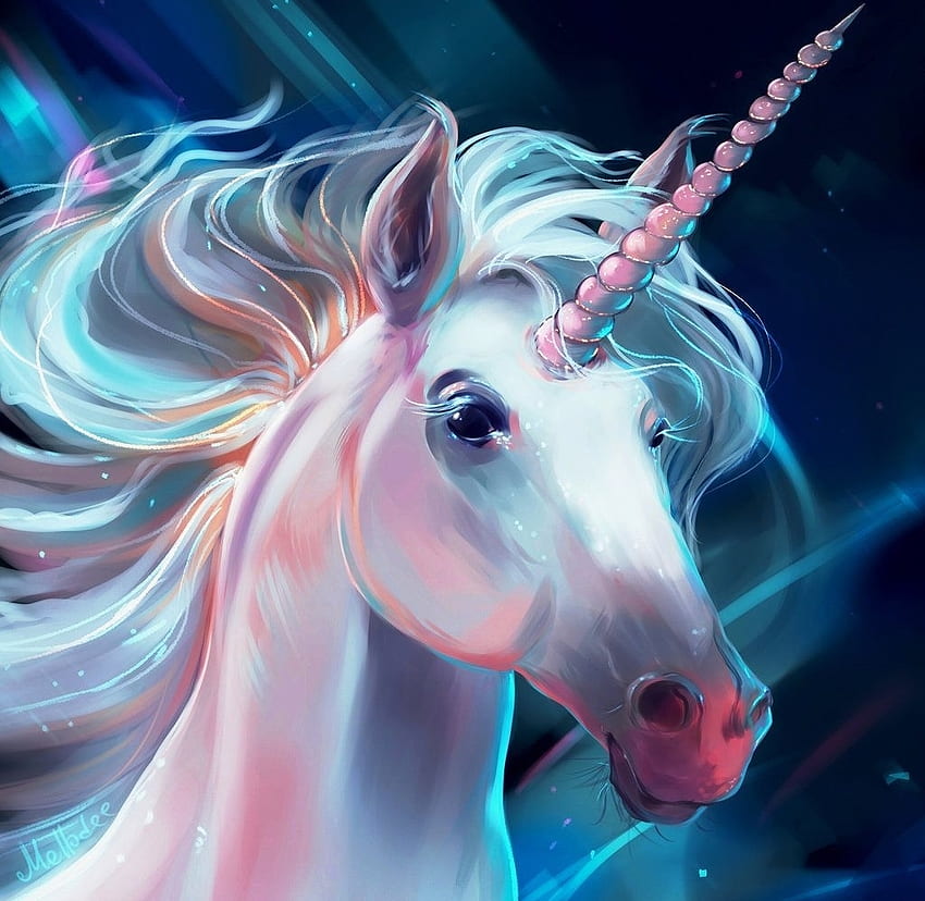 Unicorn, blue, white, pink, fantasy, luminos HD wallpaper