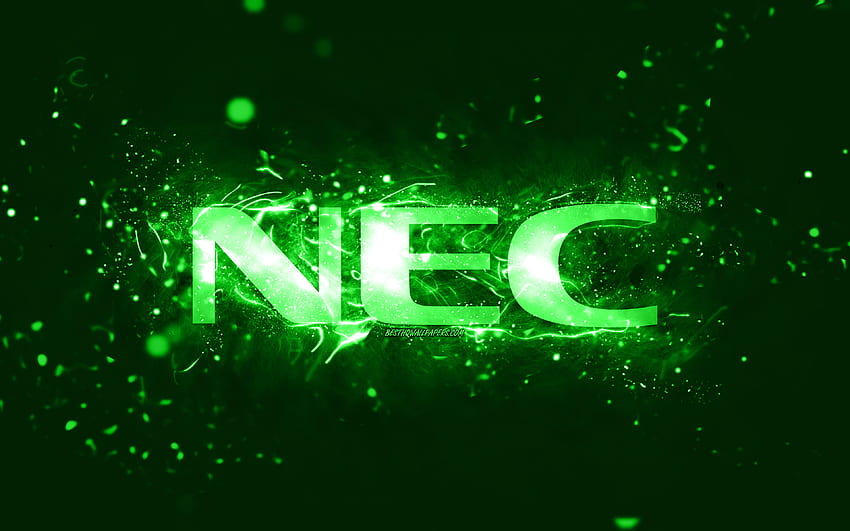 NEC green logo, , green neon lights, creative, green abstract background, NEC logo, brands, NEC HD wallpaper
