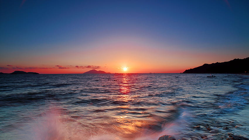 Ocean Waves Water Splash Mountains Under Blue Sky During Sunset Sunset HD wallpaper