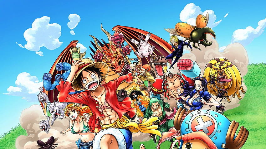 One Piece Luffy Tony Nico Robin Nami Are Running On The Greeny Mountain With Background of Blue Sky Anime . . ID HD wallpaper