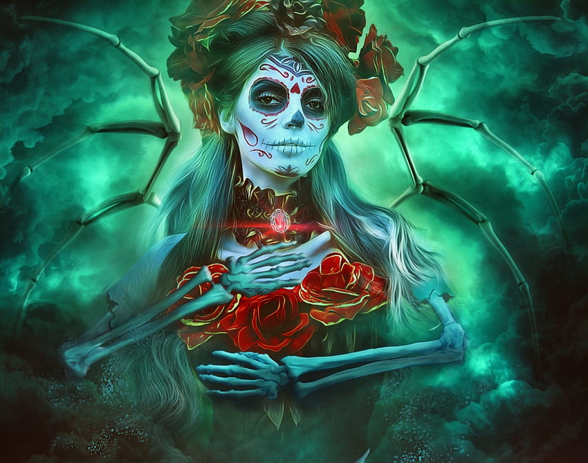 Dia de los muertos, bones, girl, halloween, rose, fantasy, lulebel, flower, green, sugar skull, luminos HD wallpaper