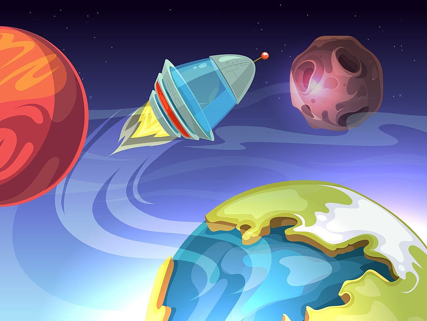Latar belakang komik kartun vektor luar angkasa dengan pesawat ruang angkasa dan planet Oleh Microvector Wallpaper HD