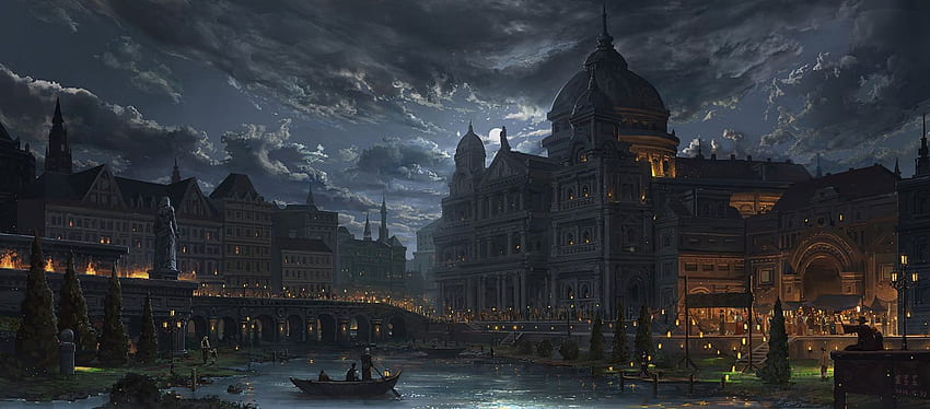 Fantasia original arte cidade luz noite rio paisagem céu nuvens. papel de parede HD