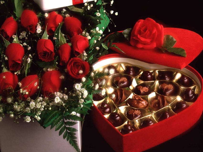 Token of My Affection, mawar, cinta, merah, hati, permen Wallpaper HD