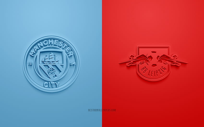 Manchester City FC vs RB Leipzig, 2021, UEFA Champions League, Gruppo А, loghi 3D, blu rosso, Champions League, partita di calcio, 2021 Champions League, Manchester City FC, RB Leipzig Sfondo HD