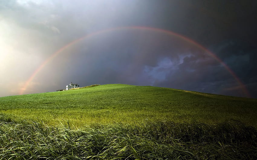 Nature, Clouds, Rainbow, Mainly Cloudy, Overcast, Hill, Meadow HD wallpaper