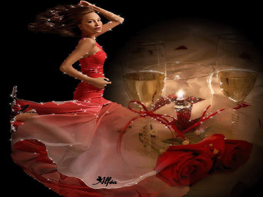 wanita berbaju merah, malam, romansa, lilin, cinta Wallpaper HD