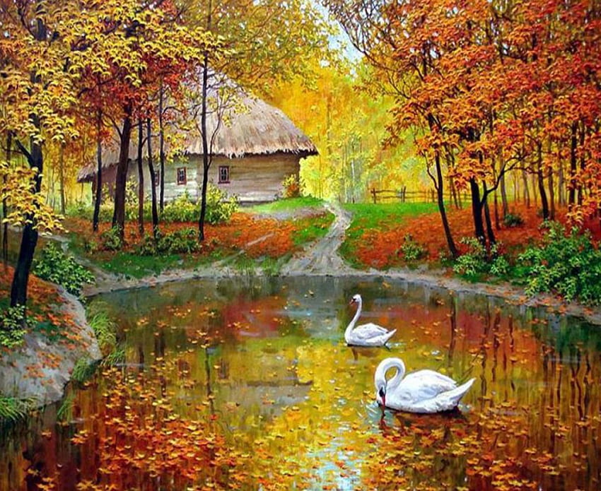 El lago de los cisnes, cisne, otoñal, lago, amarillo fondo de pantalla