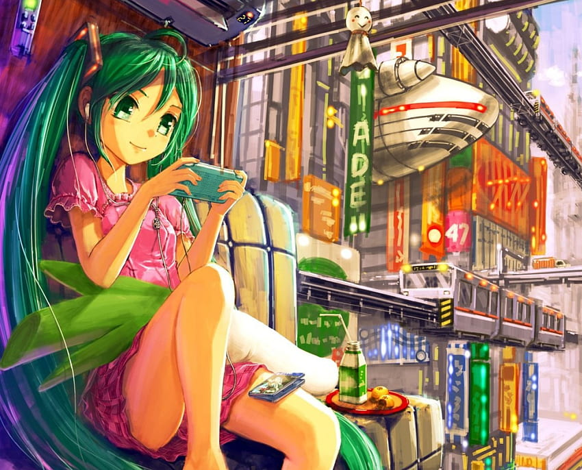 Video Game, town, nice, scenery, hatsune, happy, female, sweet, hatsune miku, smile, twintail, house, girl, train, auty, ipod, anime girl, anime, pretty, twin tail, lovely, home, headphones, vocaloid, twin tails, long hair, beauty, play, miku, vocaloids, twintails, game, smiling, scene, city, beautiful, playing, green hair, playstation HD wallpaper