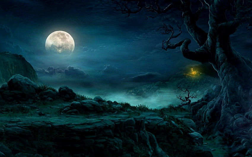 満月 - 暗い森の夜の月、 高画質の壁紙