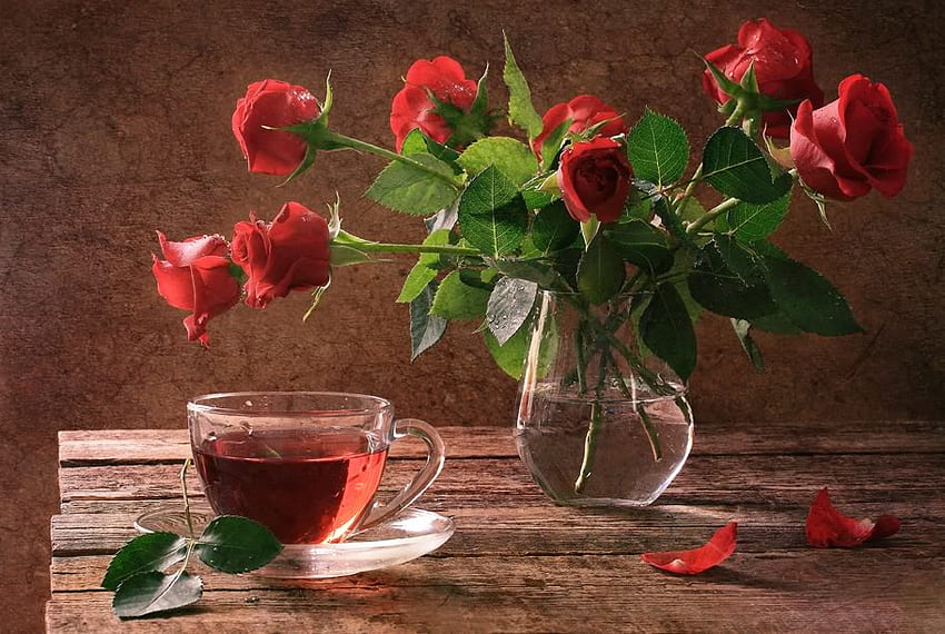 red roses, tea, roses, beautiful, still life, red, nature, flowers, water, harmony HD wallpaper