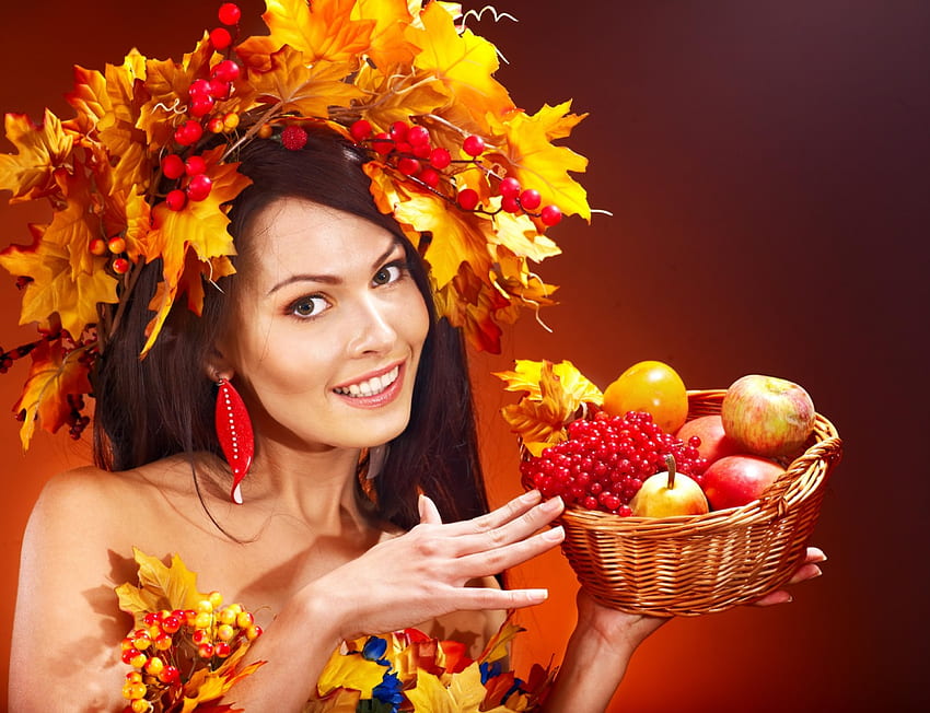 フルーツ バスケット、バスケット、女性、ファッション、葉、秋、果物と秋の女性 高画質の壁紙