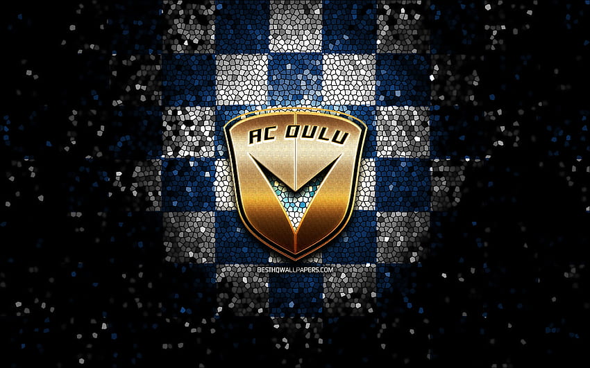 AC Oulu, glitter logo, Veikkausliiga, blue white checkered background, soccer, finnish football club, AC Oulu logo, mosaic art, football, ACO HD wallpaper