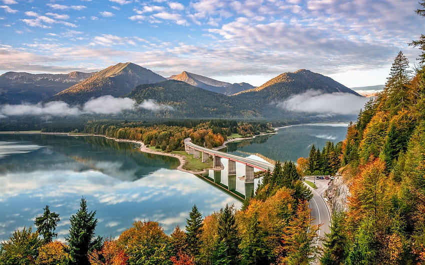 Deutschland, Bayern, Alpen, Brücke, Straße, Berge, Fluss HD-Hintergrundbild