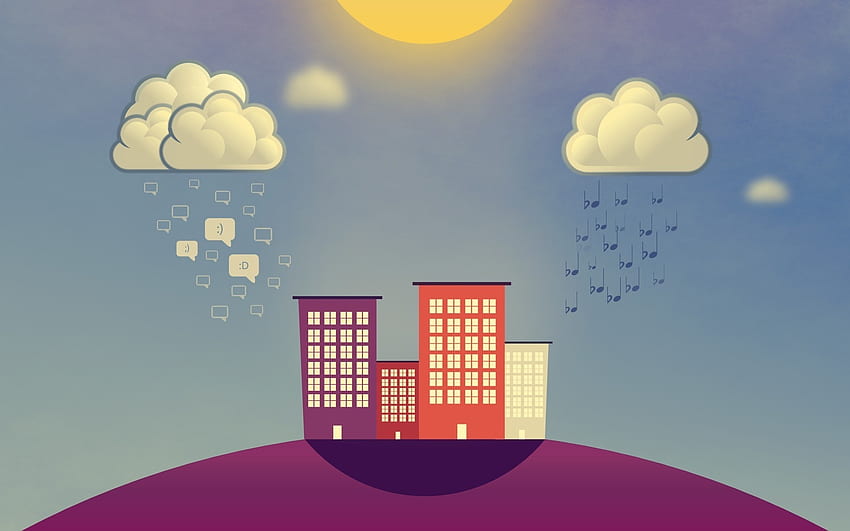 Music, Rain, Clouds, Vector, Building, Notes, Smilies, Smiles HD wallpaper