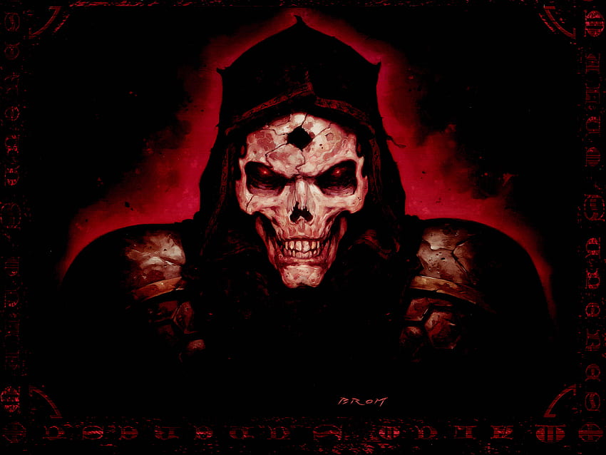 Diablo 2 Quake Fantasiekunst dunkler Horrorschädel böse gruselig gruselig gruseliges Gesicht Augen. HD-Hintergrundbild