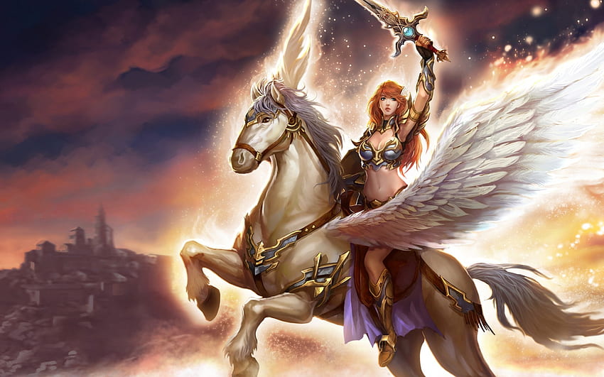 Girl riding a Pegasus, wings, horse, sword, girl, pegasus, fantasy, unicorn, amazon, redhead HD wallpaper