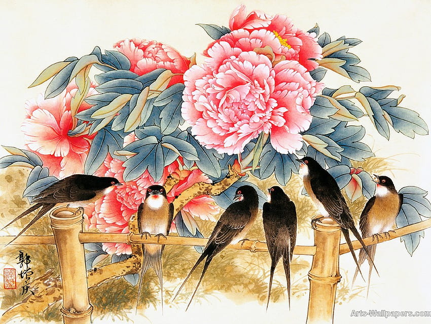 Chińskie malarstwo, malarstwo, ptak, sztuka, kwiat, chiński Tapeta HD