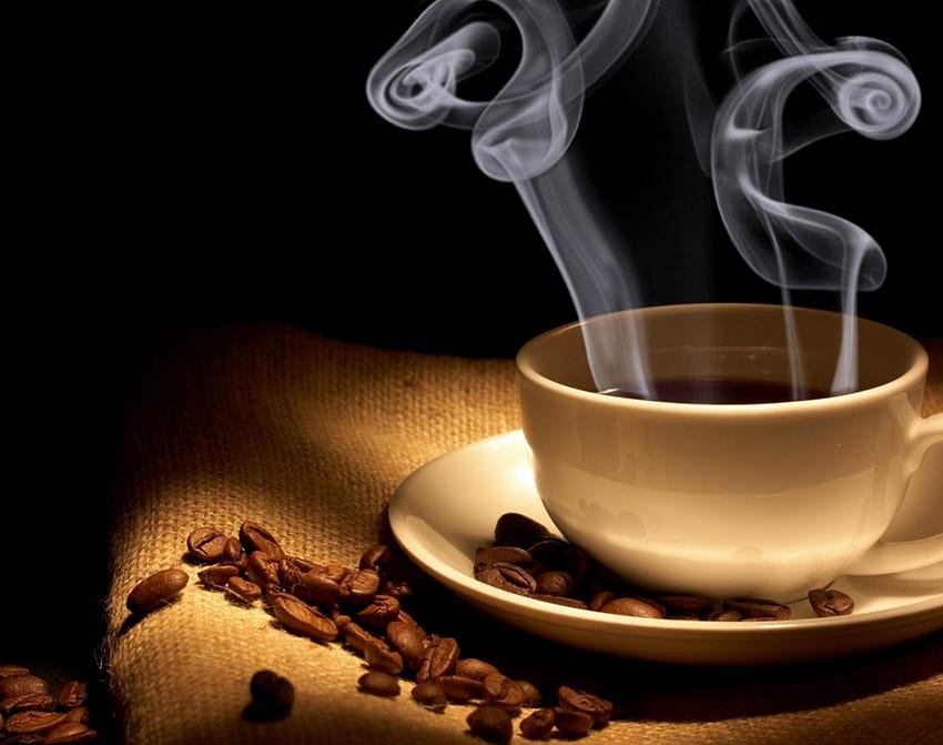 Good Morning, coffee steam, graphy, coffee beans, cup HD wallpaper