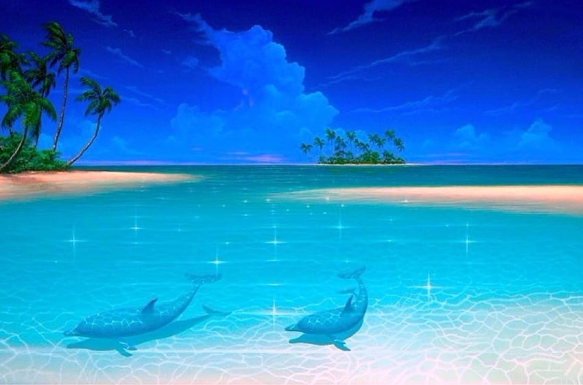 Dolphin Cove, blu, oceani, attrazioni nei sogni, baia, paradiso, dipinti, amore quattro stagioni, delfini, sott'acqua, natura, cielo, isole Sfondo HD