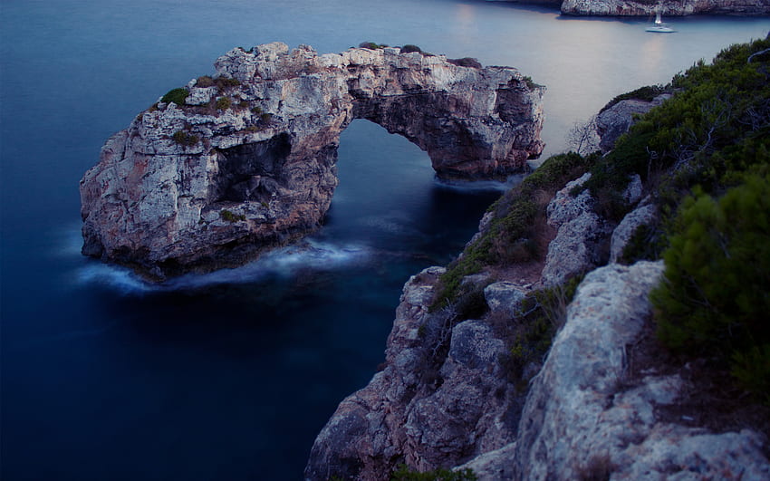 Cala Santanyi, night, blue, coastline, beaches, beautiful, rock, arch, view, nature, cliff, ocean HD wallpaper