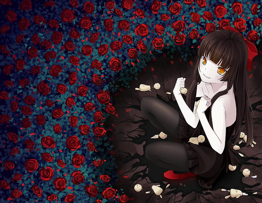 ~Rose Obsession~, dolls, roses, anime, red, flowers, creepy HD wallpaper