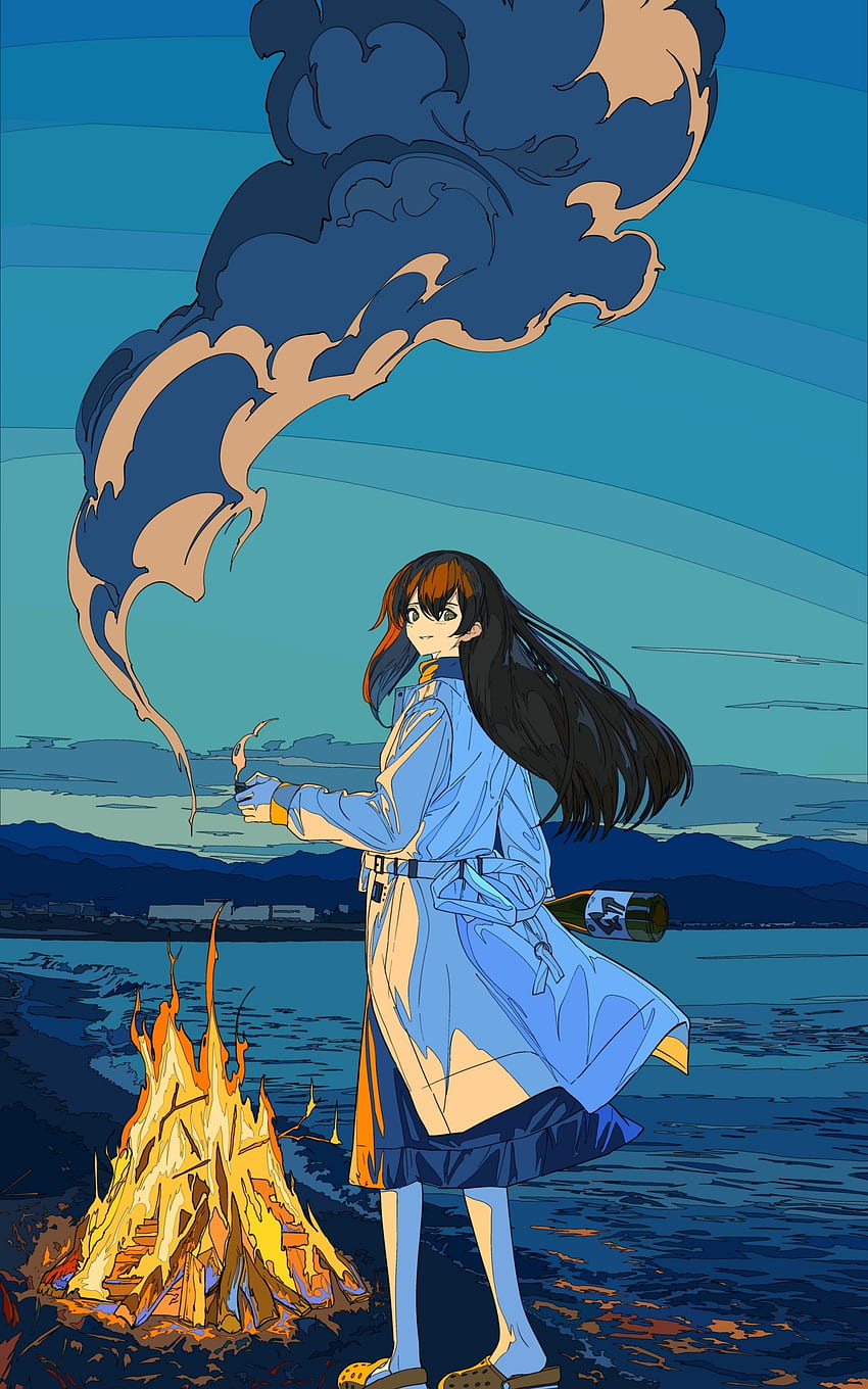 Anime Girl, Bonfire, Smoke, Night, Lighter for Google Nexus 10, Anime Girl Smoke HD phone wallpaper