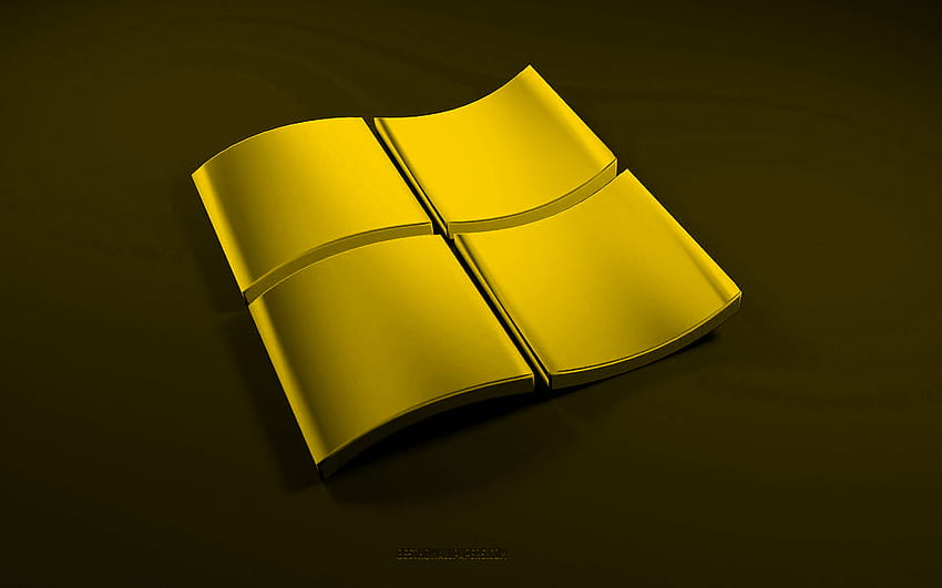 Żółte logo Windows 3D, czarne tło, fale 3D żółte tło, logo Windows, emblemat Windows, grafika 3D, Windows Tapeta HD