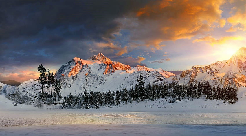 впечатляващи планини при изгрев, зима, река, дървета, планини, изгрев HD тапет