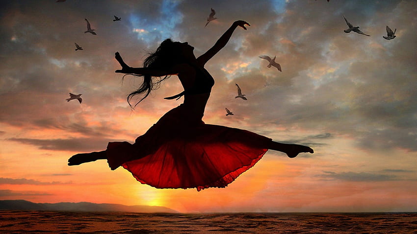 Sea Gulls Sunset Dancing Of The Girl, Woman Dancing HD wallpaper