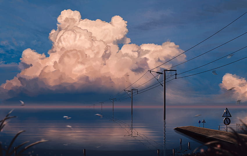 Lake, pier, anime, original, electric poles, art HD wallpaper