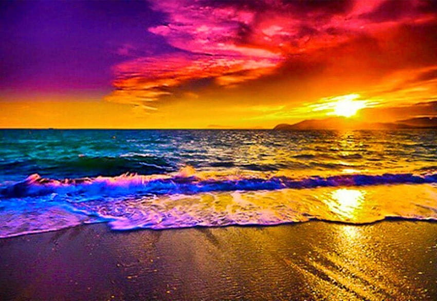 Coucher de soleil arc-en-ciel plage, océan arc-en-ciel Fond d'écran HD