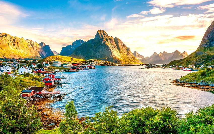 : Norway Stunning Lake Landscape Town Mountain Trees HD wallpaper