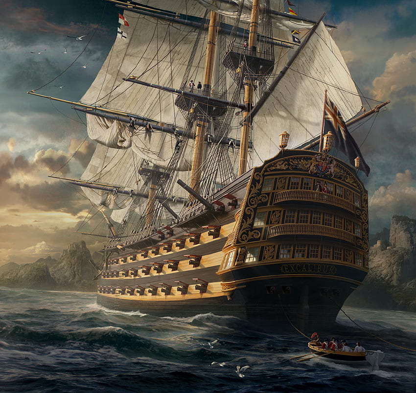 Kapal perang, laut, perahu, abstrak, fantasi, pegunungan, kapal baris Wallpaper HD
