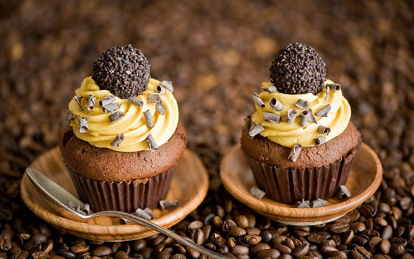 Cupcakes Candy Chocolate Cream Yellow Dessert Coffee, Yellow Cuake HD wallpaper