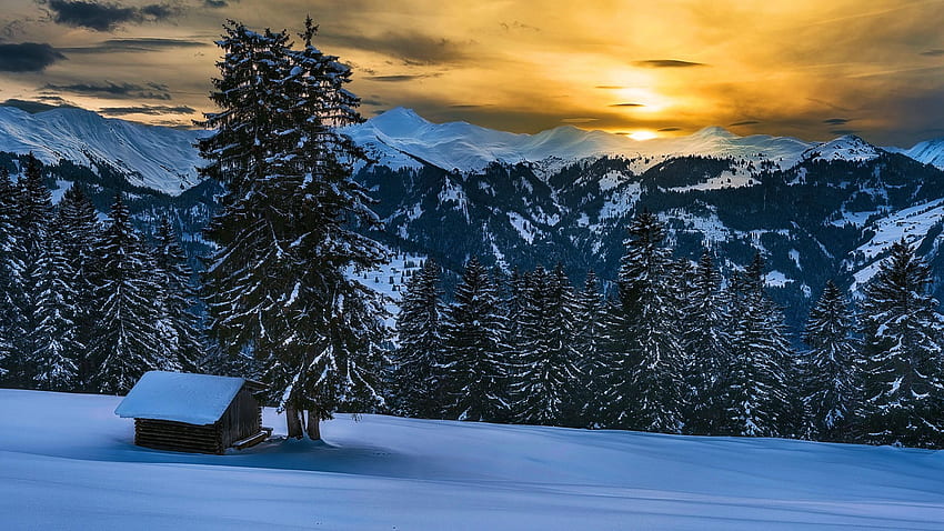 Winter in Austrian Alps, snow, clouds, trees, landscape, sky, mountains, sunset HD wallpaper