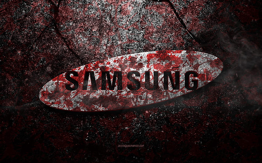 Лого на Samsung, гръндж изкуство, каменно лого на Samsung, червена каменна текстура, Samsung, гръндж каменна текстура, емблема на Samsung, 3d лого на Samsung HD тапет