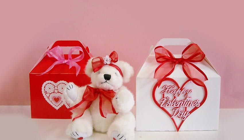Holidays, Hearts, Bear, Sits, Is Sitting, Bows, Presents, Gifts, Valentine's Day HD wallpaper
