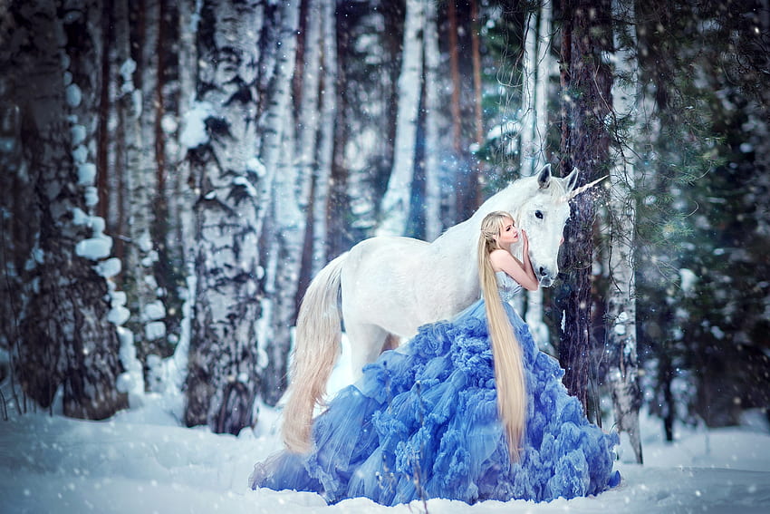 :), bleu, hiver, maquette, licorne, fille, robe, femme Fond d'écran HD