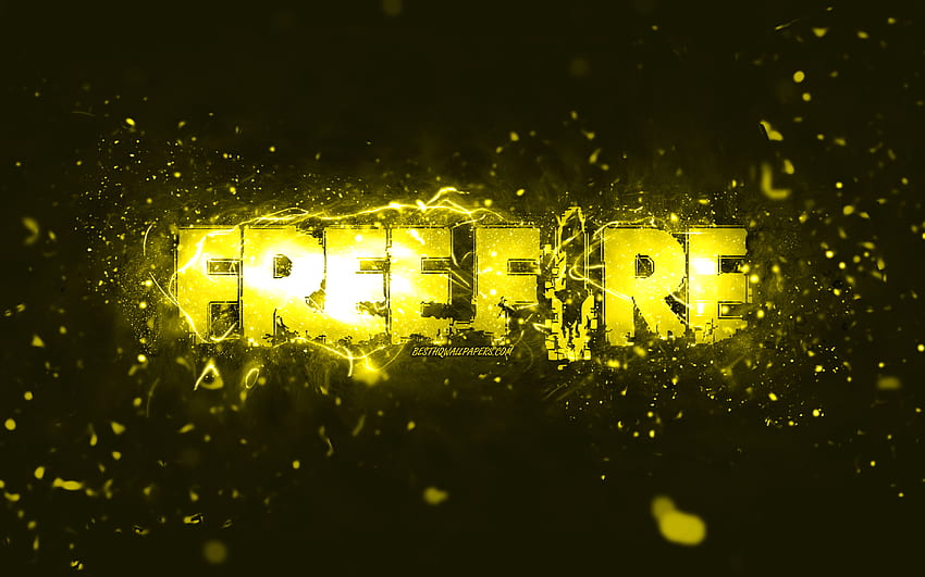 Żółte logo Garena Fire, żółte neony, kreatywne, żółte abstrakcyjne tło, logo Garena Fire, gry online, logo Fire, Garena Fire Tapeta HD