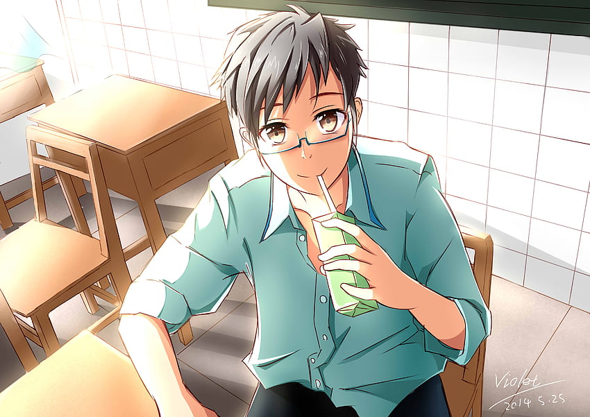 Black Hair, Glasses, Drinking, Brown Eyes, Boy . Cool, Anime Boy Glasses HD wallpaper