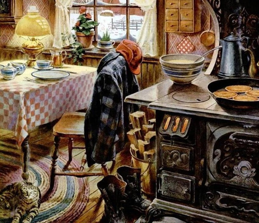селско утро, палто, маса, прозорец, лампа, котка, храна, шапка, печка HD тапет