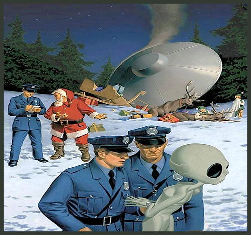 Ho Ho Ho - oh oh oh, wypadek, policja, kosmita, uszkodzone sanie, elfy, śnieg, święta, ufo, mikołaj, ranny renifer, aresztowanie Tapeta HD