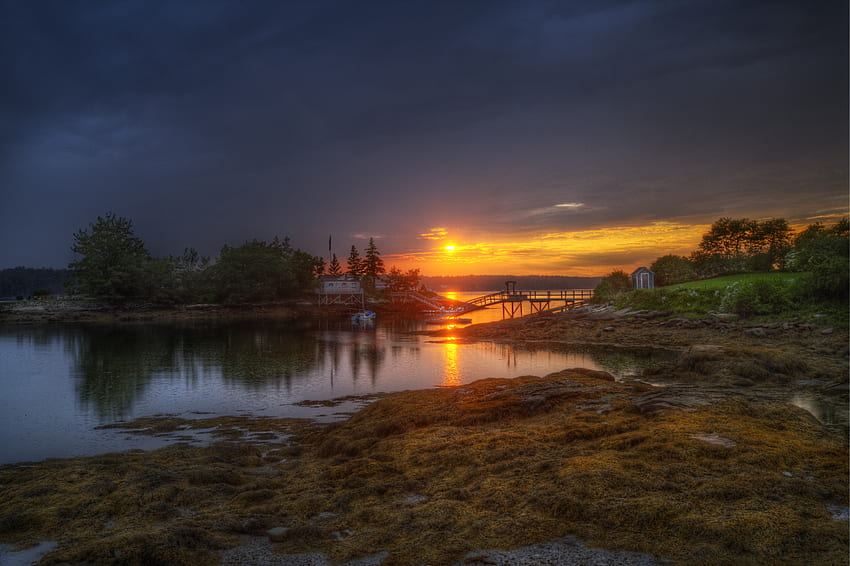 A River Sunset, fiume, barca, casa, ponte, maine, tramonto Sfondo HD
