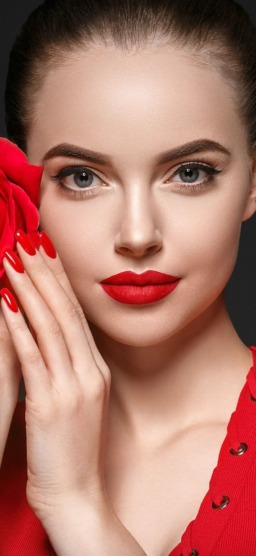 美少女, 化粧, 赤いバラ IPhone 11 XR, 背景 HD電話の壁紙