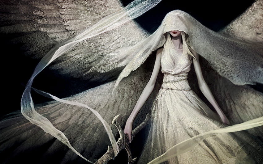 WHITE VEILED ANGEL, wings, white, sword, angel, veiled, female HD wallpaper