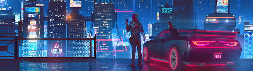 Stadt-Cyberpunk-Dual-Monitor HD-Hintergrundbild